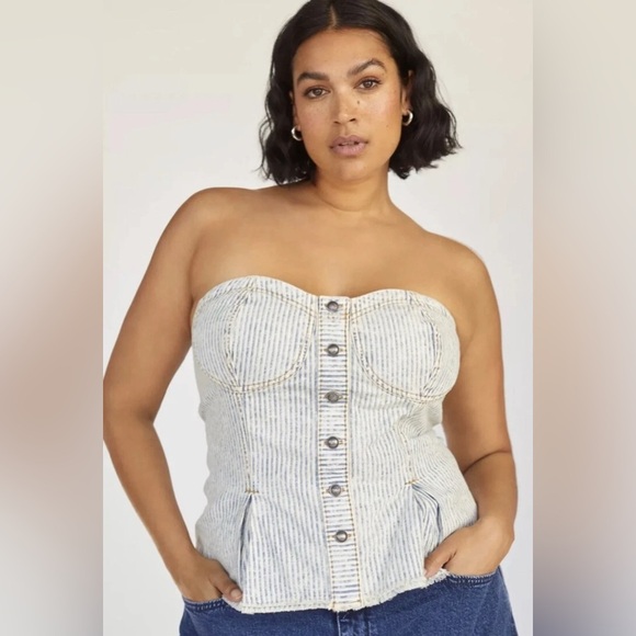 PILCRO XL Anthropologie Denim Sleeveless Corset Crop Tube Top  Club Biker Edgy - Picture 1 of 16
